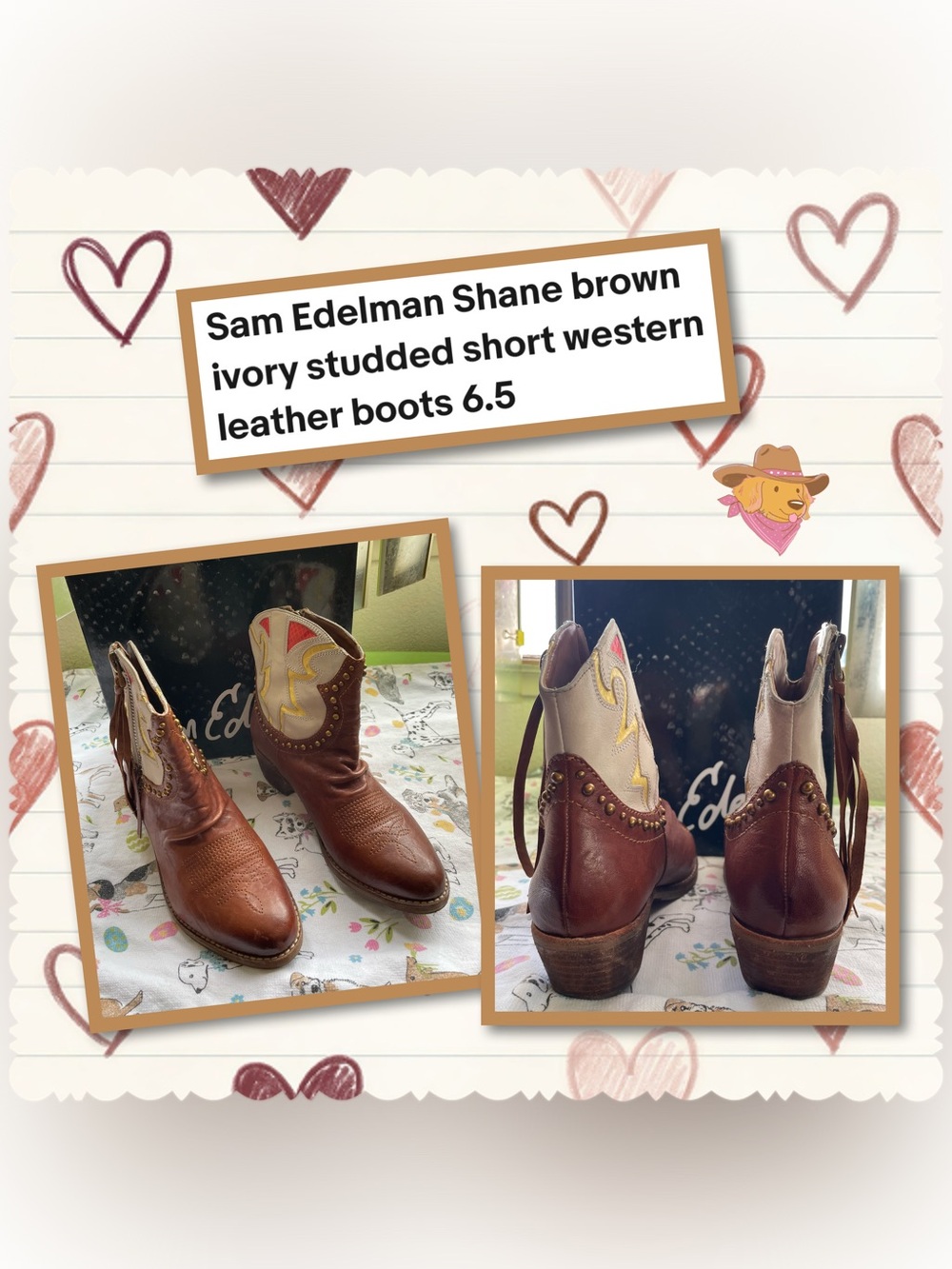 Sam Edelman Two-Tone Brown and Ivory Stud Western Ankle Boots